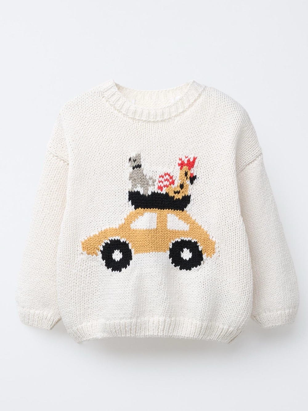 Baby Cream Knit Sweater with Yellow Car and Animal Motif
